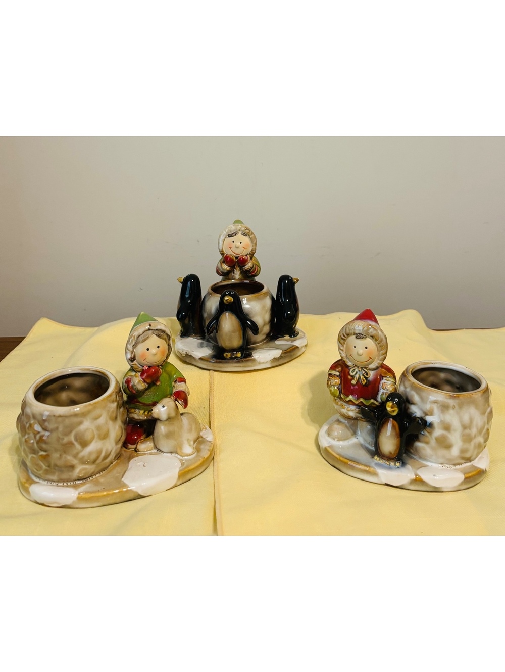 2003 Retired 3 Ceramic Candle Holder Designer Ronnie Walker Penguin Eskimo Seal